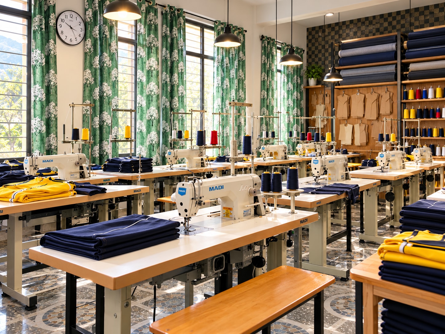 Uniform production floor with rows of industrial sewing machines, navy fabric and yellow sportswear