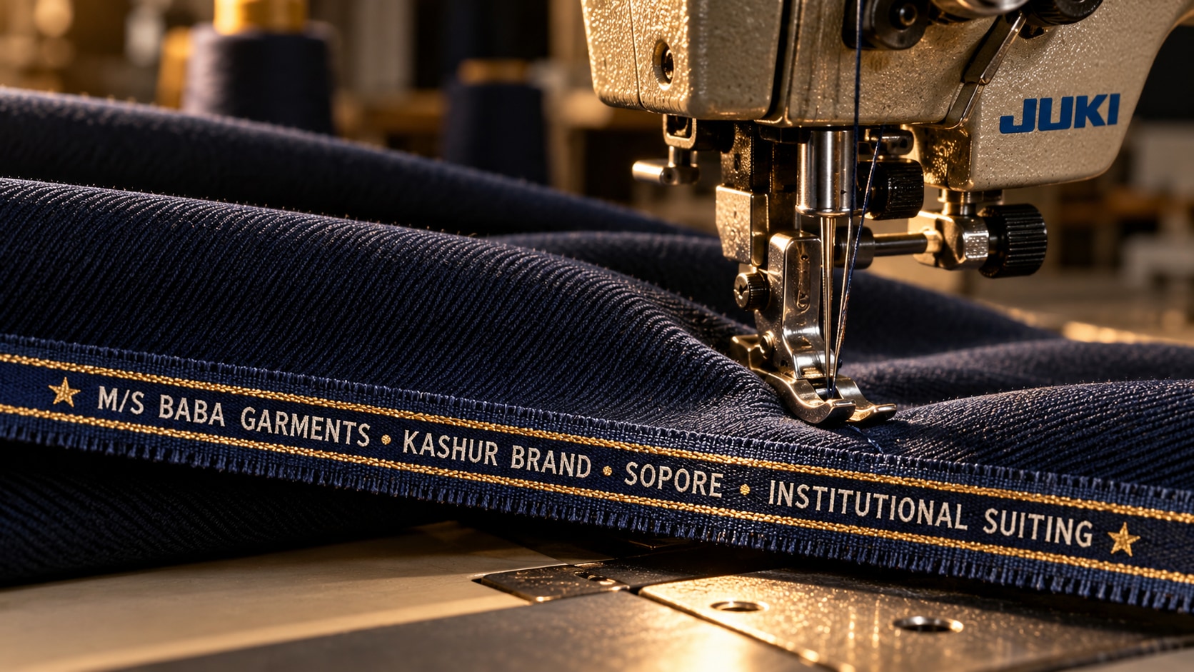 Sewing machine stitching navy institutional suiting with Kashur Brand and M/S Baba Garments branding